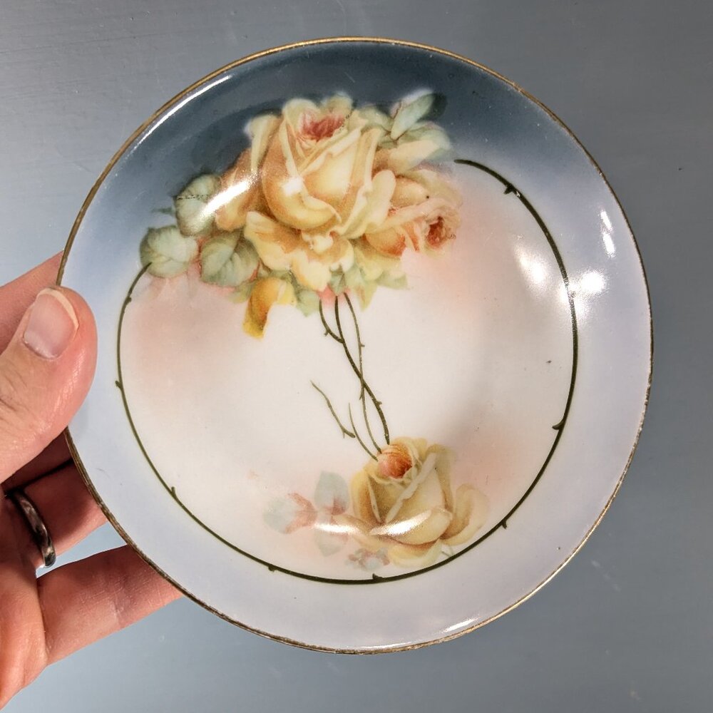Jugendstil hand painted porcelain trinket dish large yellow roses Germany